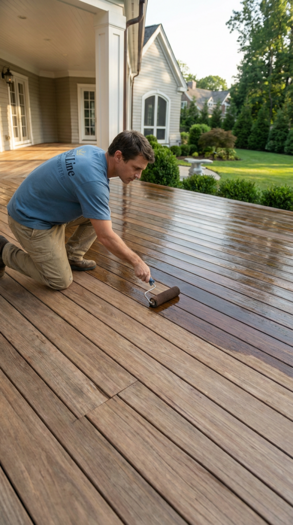 Technician applying stain across a wood deck on a Westport property